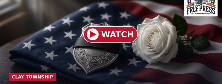 Fostoria News Memorial with American flag, white rose, and police badge for Sgt. Jacob Roesler.